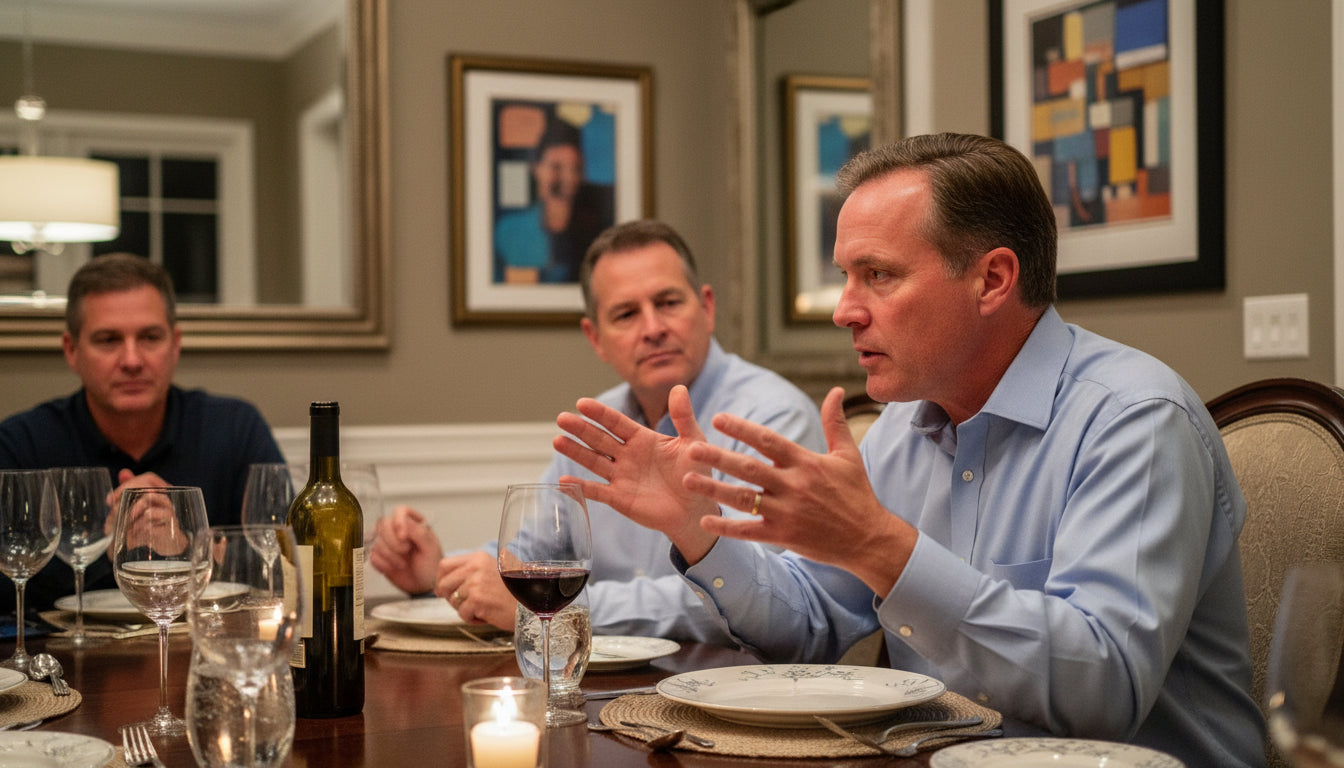 Two men having a conversation at a dinner party