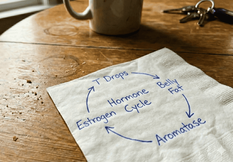 Hand-drawn diagram on a napkin showing a cycle